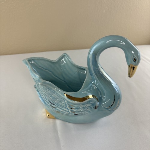 Vtg Royal Copley Swan Planter Dish Lusterware Iridescent Blue Gold Trim - Picture 10 of 10