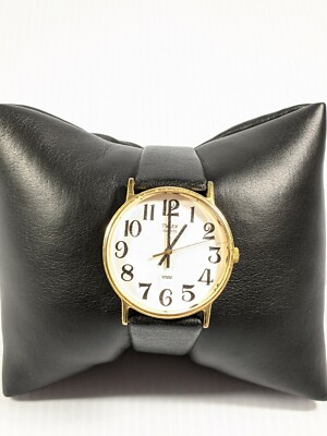 Timex Gold Tone White Face Black Faux Leather Band Watch 8.5 Inch