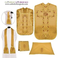 YELLOW Roman Chasuble Fiddleback Vestment & 5 piece mass set IHS embroidery,FELT