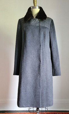 MAX MARA GRAY BUTTER SOFT PURE WOOL COAT w/ METALLIC YOKE & MINK FUR COLLAR