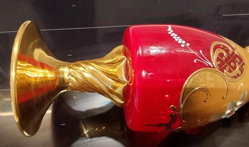 Wine decanter tre fuochi, 3 Ruby & 24k glasses. White enamelled flowers, Italian - Picture 7 of 23