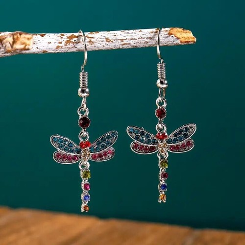 Women Red Blue Shiny Drop Earrings Dragonfly Shape Colorful Vintage Gift Stylish - Picture 1 of 3