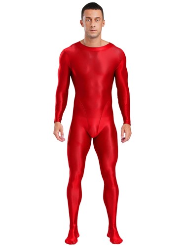 Mens Glossy Bodysuit Zip Back Suit Long Sleeve Leotards Footed Jumpsuit Bodysuit - Picture 58 of 68
