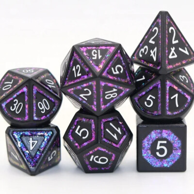 Black Metal Pink Glitter Inlay Dice Set for D&D Pathfinder RPG Purple