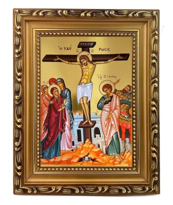 Crucifixion of Christ Jesus Gilded Greek Icon Byzantine Wall