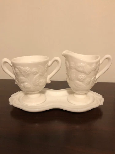 Vintage White Milk Glass Set Sugar Creamer w/ Tray with Berries & Bowl