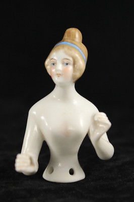 Antique 2½'' Tall Half Doll or Pin Cushion - Germany - Blue Hair Band, Arms Away