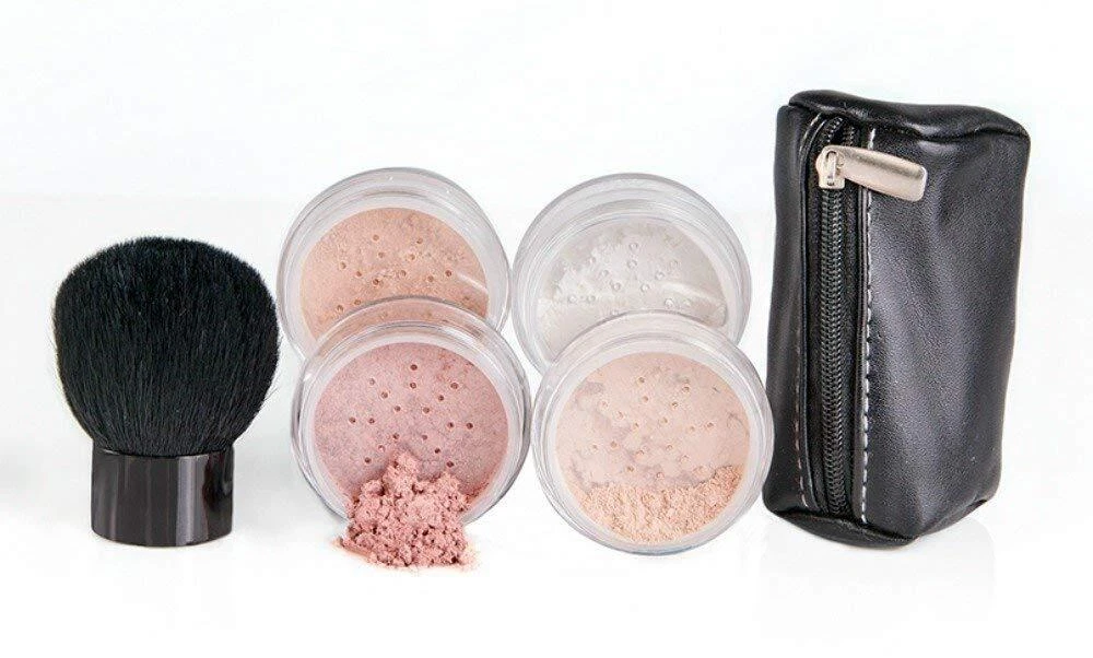 6pc FULL SIZE KIT KABUKI & KABAGGIE Tote Mineral Makeup Set Foundation Bare