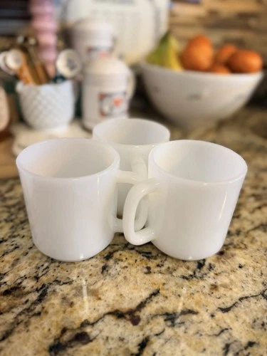 Glasbake White Milk Glass Coffee Mugs Vintage Set of 3