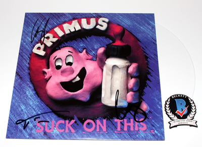 PRIMUS BAND SIGNED 'SUCK ON THIS' ALBUM WHITE VINYL RECORD BECKETT