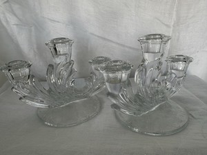 Pair Fostoria Chintz 1940’s Baroque Clear Elegant Glass Triple Candelabras