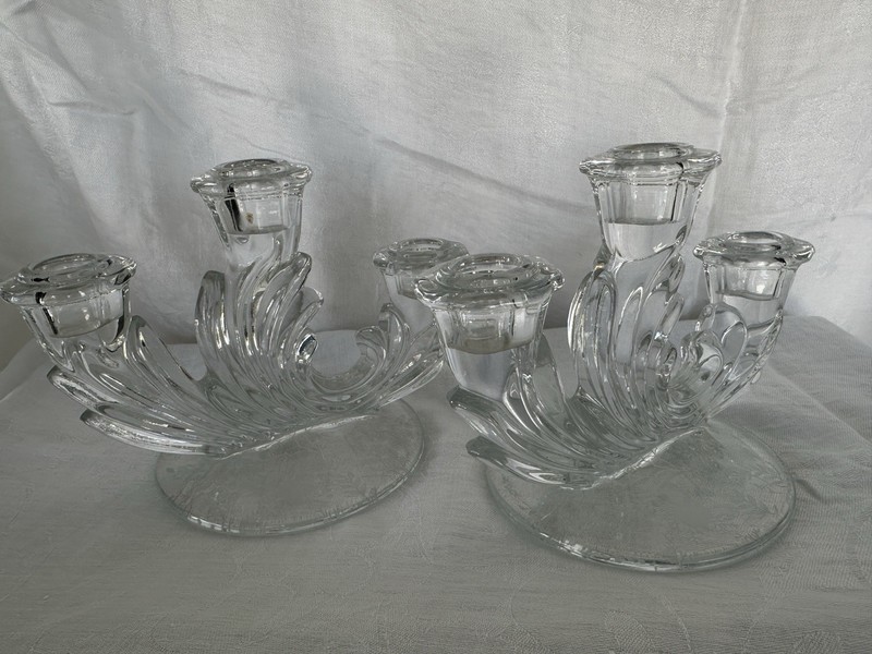 Pair Fostoria Chintz 1940’s Baroque Clear Elegant Glass Triple Candelabras