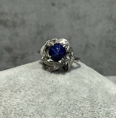 14K Weißgold Lindy Blue Star Saphir Ring Lab Created Gr. 5,25 Vintage 1960er 4,6 g