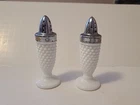 Beautiful Vintage Fenton Hobnail Milk Glass Salt & Pepper Shakers Metal Tops.