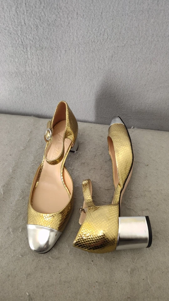 Zapatos de salón J Crew para mujer 8,5 dorado plateado estampado puntera correa al tobillo tacón bloque Foto 4 de 4