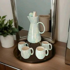 Blue Water Coffee Pot and Lid with 4 Mugs