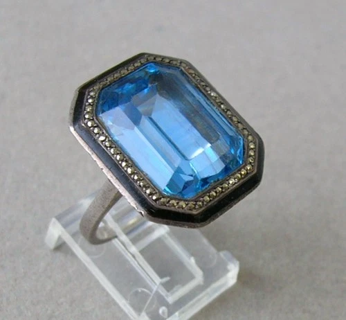 Art Deco FRENCH RING Silver Hallmarks/BLUE SPINEL Tiny MARCASITES Enamel