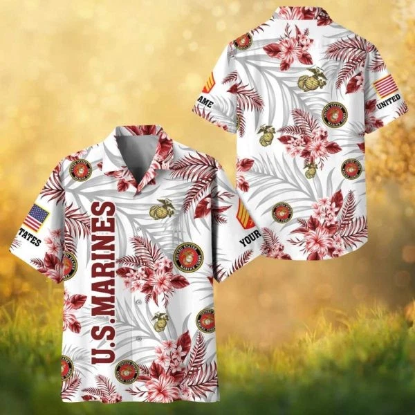 US Marine Corps USMC Red Hibiscus Hawaiian Shirt Semper Fi Patriotic Apparel