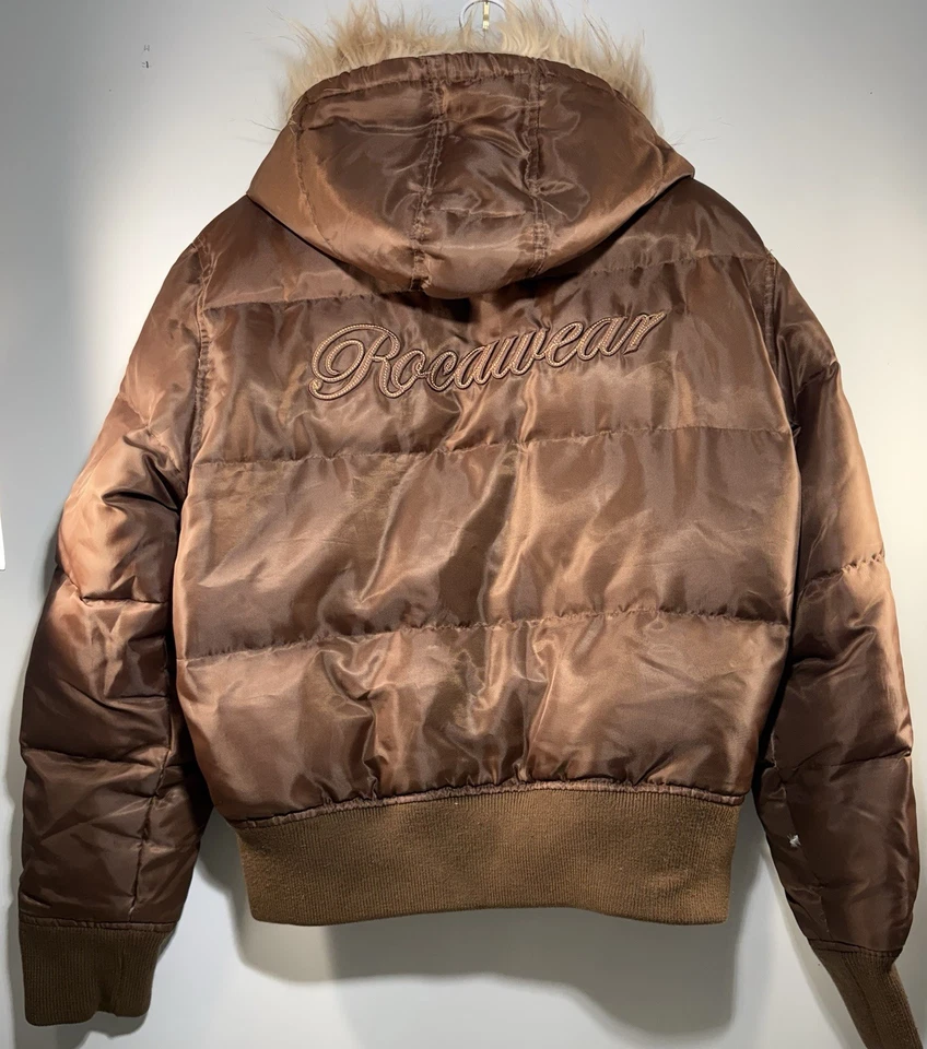 Rocawear Y2K Brown Down Puffer Jacket Women’s XL Fur Hood Streetwear Coat - Image 4 of 4