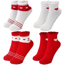 Haawooky 4 Pair Cute Heart Frilly Ankle Socks,Heart One Size, Red, White
