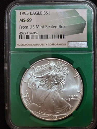 1995 silver eagle ms69 NGC from US mint sealed box in collectible green holder