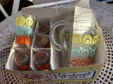 MCM Pitcher And 6 Tumbler Glasses In Original Box, NOS Colorful Circles & Dots