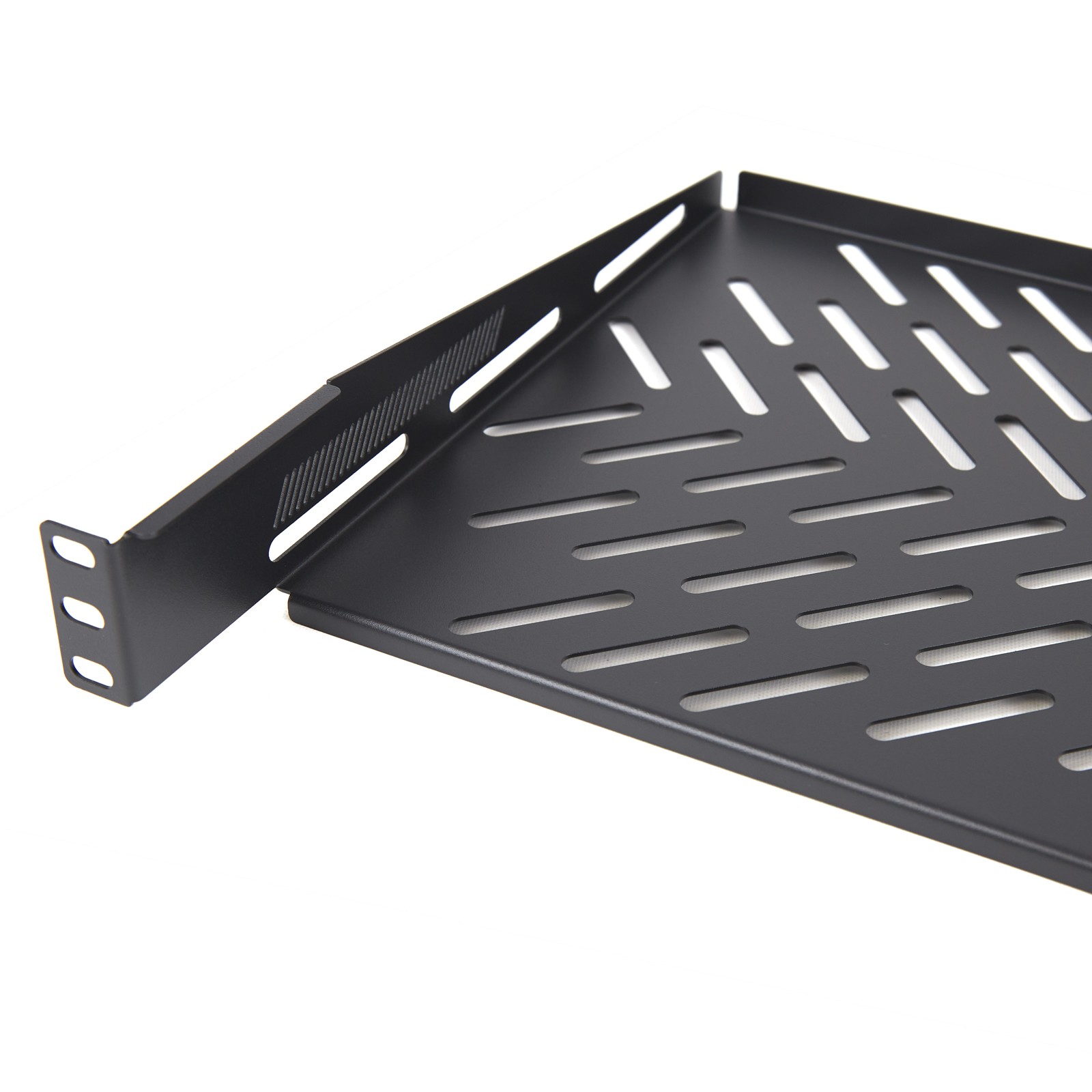 Pro Vented Cantilever Shelf 1U 300mm Deep Black for 19 inch Data Cabinet