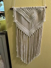 Handmade Macrame Wall Hanging Beige/Cream Rope Fiber Art Wooden Dowel Fringe