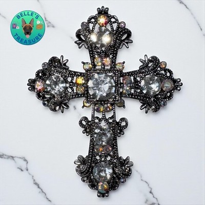 VTG Filigree Cross Brooch Pin Aurora Borealis Rhinestone Silver Tone Religious