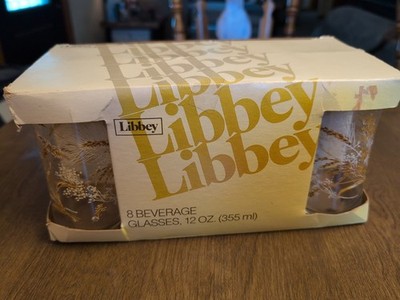 Libby Eight Vintage 12oz Glasses Dried Flowers W/ Wheat Juice New Old Stock