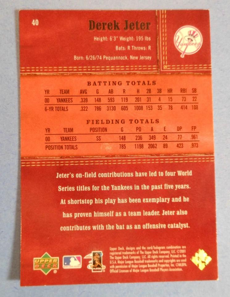 2001 Upper Deck Gold Glove - Derek Jeter #40 NY Yankees HOF'er - Image 2 of 2