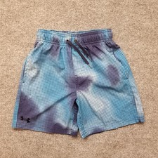 Under Armour Youth Boy Swim Board Shorts Blue Lined Swimsuit Geometric Logo 
