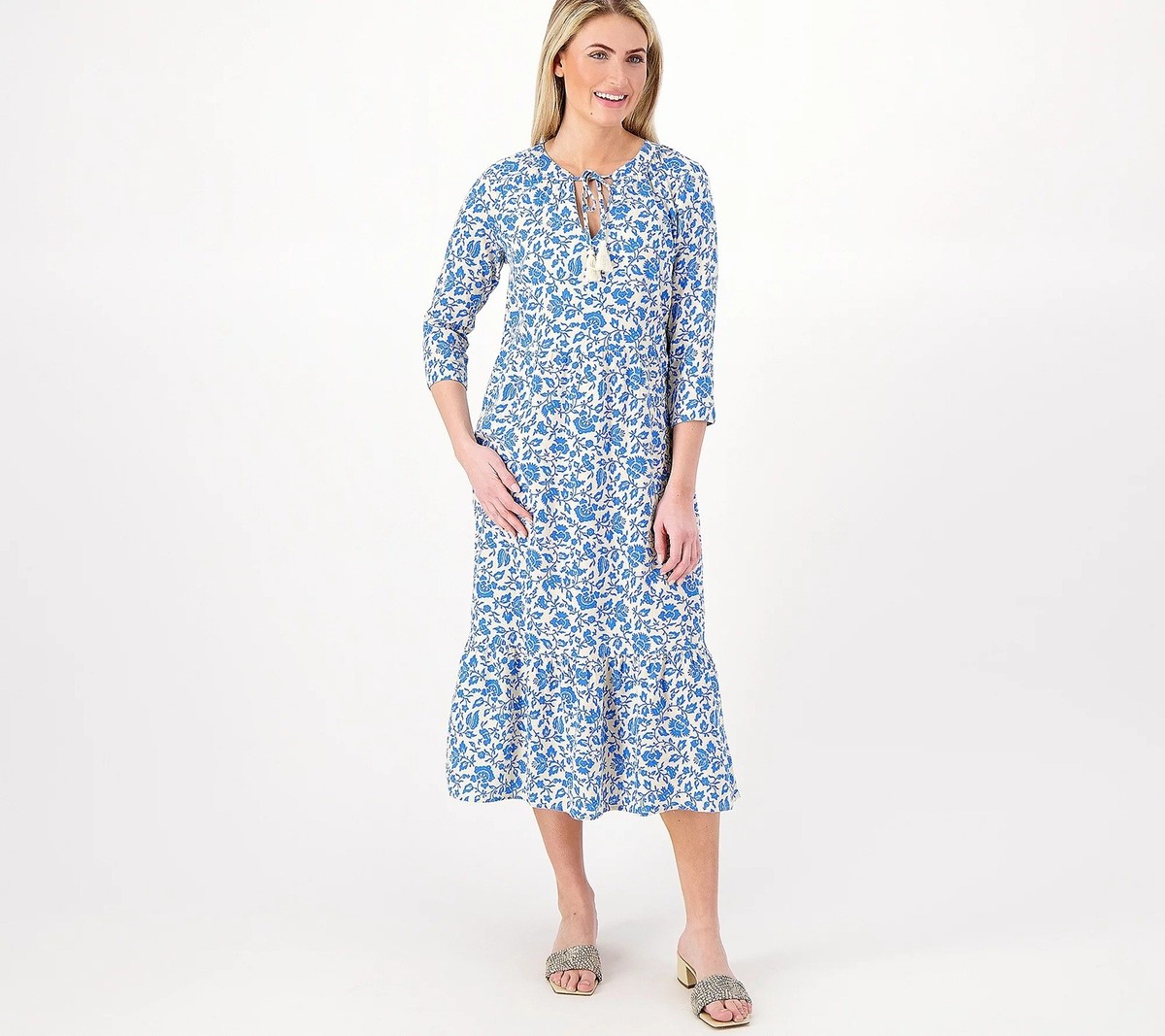 Denim & Co. Naturals Printed Sz SMALL Regular Midi Dress AQUA FLORAL  A596346 | eBay