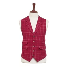 Mens Vest 44R Plaid Check Burgundy Red Wool Lapel Waistcoat Formal Wedding Party