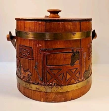 Vtg 1950's  Sewing Basket Barrel Bucket Lidded W Hand Painted hose barn scene