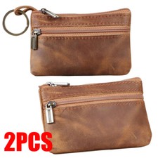 Brown Genuine Leather Small Coin Holder Change Purse Zipper Key Card Wallet 2PC