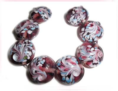 Handmade Lampwork Glass Lentil Beads Amethyst Peacock 16 mm 4 beads (#p01s)