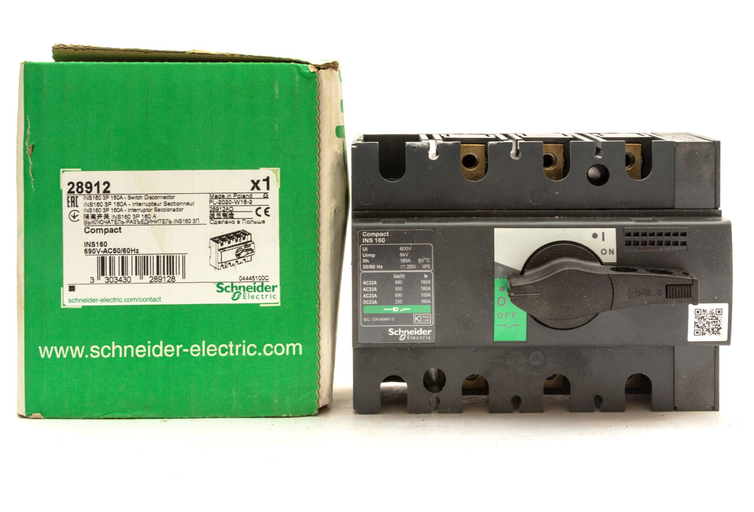 SCHNEIDER 28912 DISCONNECT SWITCH INTERPACT INS160 3P 160A 160 AMP