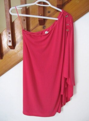 Vtg Cache' After 5 Evening Fuchsia Pink Bead Accent Dress Cinch One Shoulder M