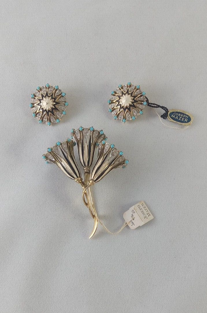 Vintage Joseph Mazer Jomaz Enamel Rhinestone Faux Turquoise Brooch  Earring Set