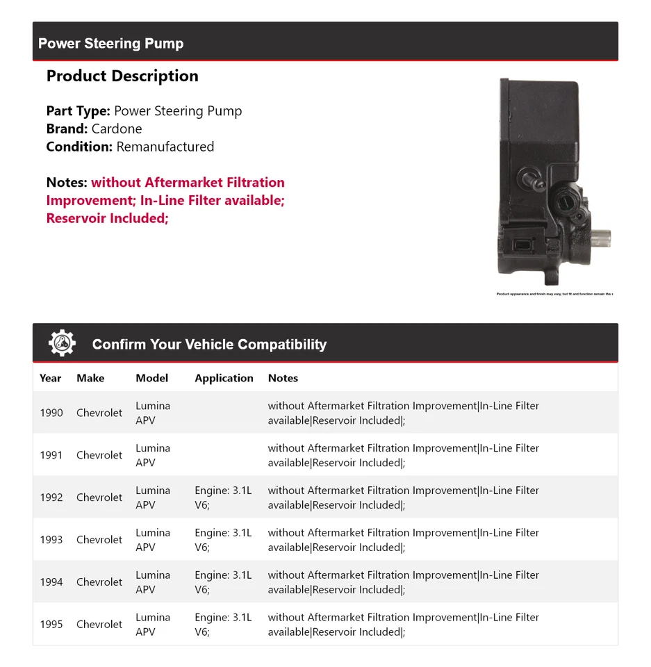 For 1990-1995 Chevrolet Lumina APV Power Steering Pump Cardone 1991 1992 1993 - Image 2 of 4
