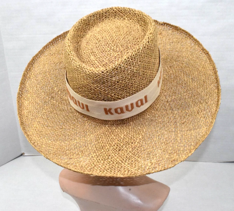 Vintage Straw Hat Hawaiian Headwear 80s Island Names Stitched Band Made Hawaii - Image 4 of 4