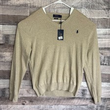 Polo Ralph Lauren Mens Sweater Large Tan V-Neck Classic Pony Preppy NEW