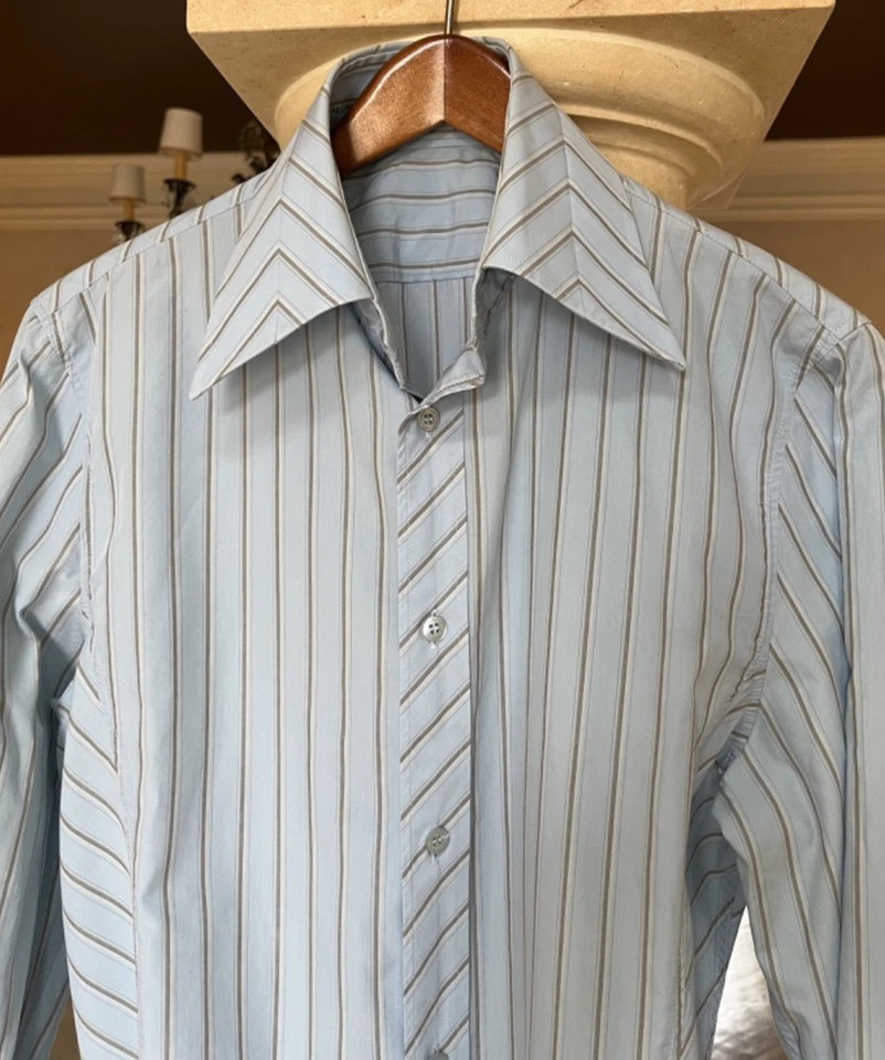 Camisa de vestir J Lindeberg azul a rayas calce ajustado abotonada para hombre, cuello años 70, pequeña Foto 4 de 4