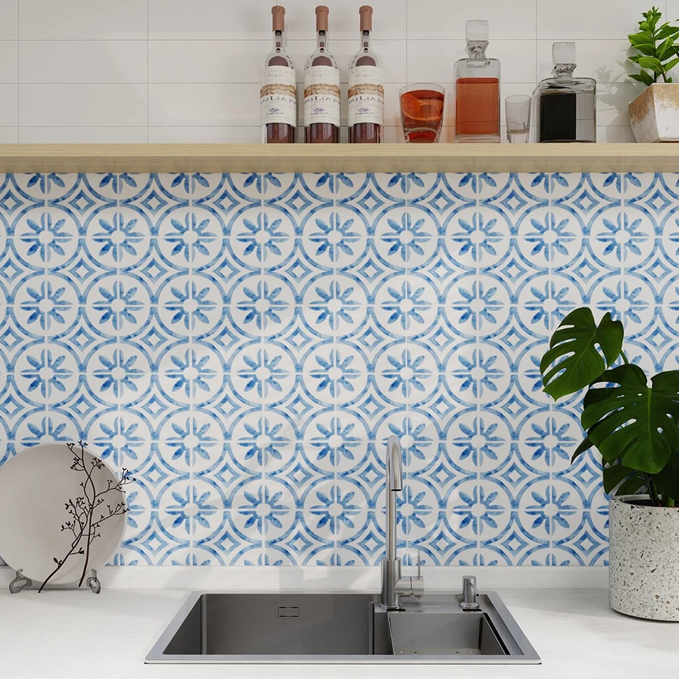 10PCS Blue Floral Peel and Stick Backsplash Tile 12"x12 Self-Adhesive Wall Tiles - Image 4 of 4