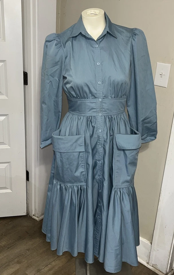 VINTAGE 1970's N.R.1 NED GOULD BLUE COTTON SHIRT DRESS WITH LARGE POCKETS SMALL - Image 4 of 4