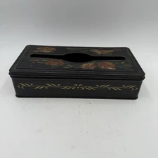 Vtg Metal Toleware Hand Painted Tissue Box Holder Floral Bird Black, Hinged Lid
