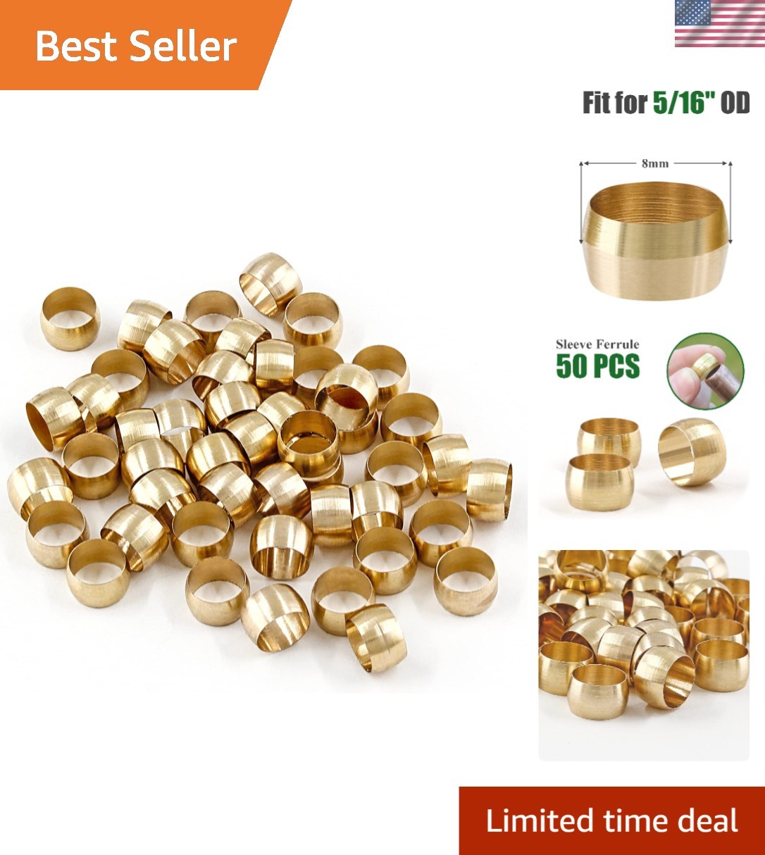 Brass Compression Sleeves Ferrules Set - 50 Pcs for 5/16