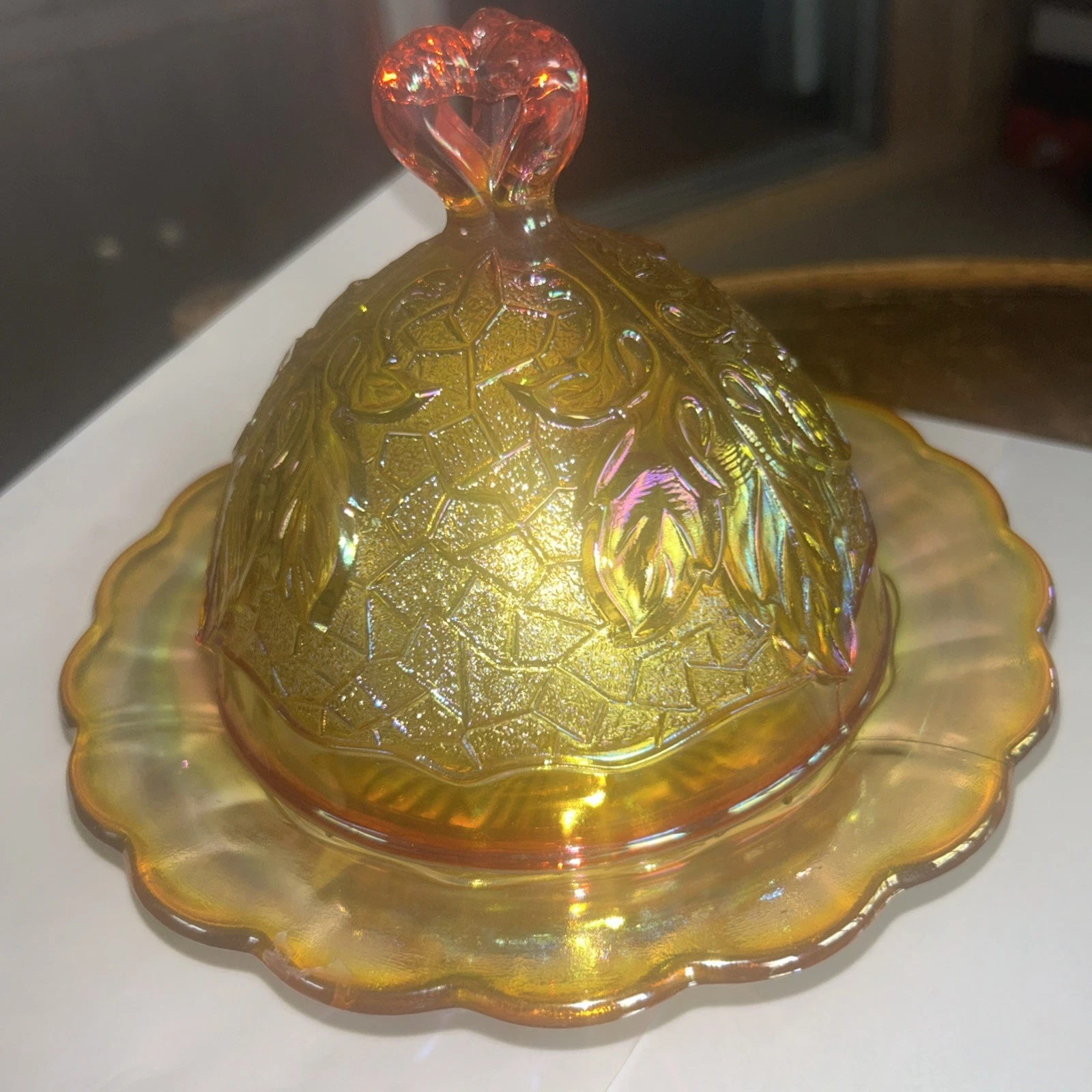 Mosser Amberina Maple Leaf Domed Dish Butter Cheese Covered Round Amber Carnival