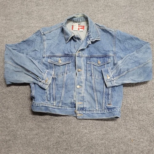 Wrangler Denim Jacket Mens Size L Blue Chuck Norris Christmas Patch Trucker DIY video thumbnail